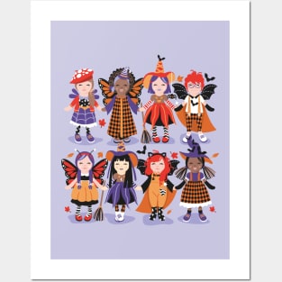 Witches dance // spot illustration // lilac background red orange and purple halloween fantasy costumes Posters and Art